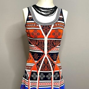 DVF knitted petite orange, blue, and black fitted dress